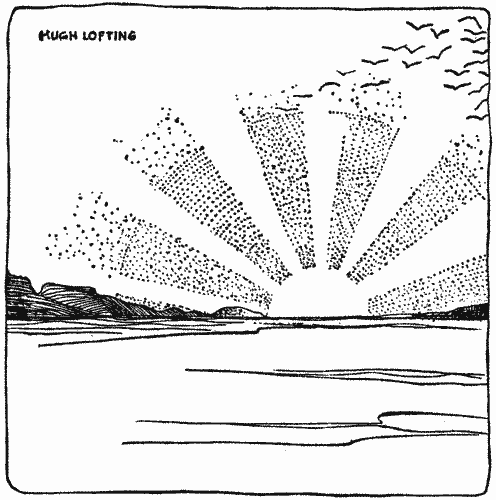 "To the left of where the sun was rising lay a low line of something sitting on the sea"