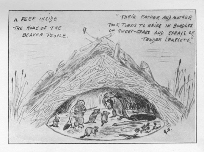 A peep inside the home of the Beaver People.  Their father and mother took turns to bring in bundles of sweet-grass and sprays of tender leaflets